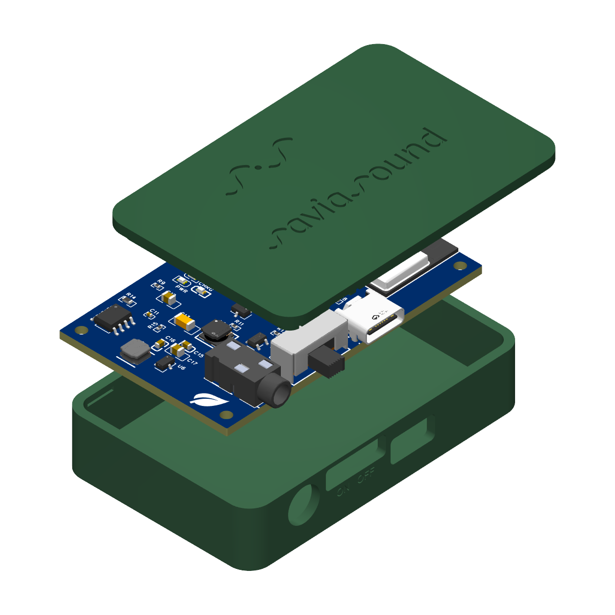 Saviasound opened to show the circuit board, lid and base